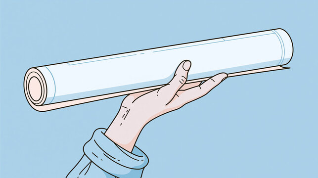 Minimalist illustration of a worker's hand holding a blueprint roll, clean vector lines, pastel color palette, modern corporate style.