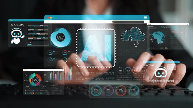 Futuristic Interface Displaying AI Chatbot Technology and Data Analytics with User Typing on Keyboard Sigmoid