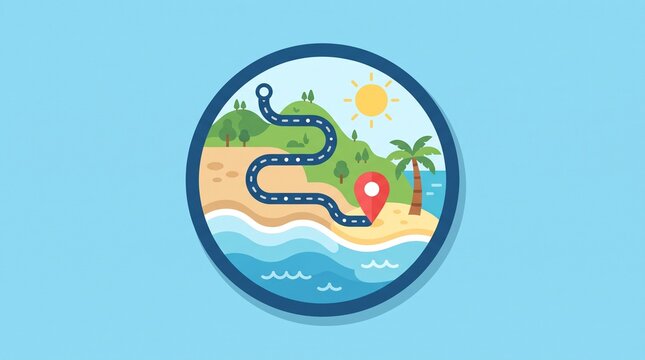 Tropical vacation map with beach route, palm tree, sun and location pin in flat design on pastel blue background