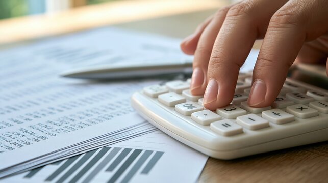 Woman's hands typing numbers on calculator with financial