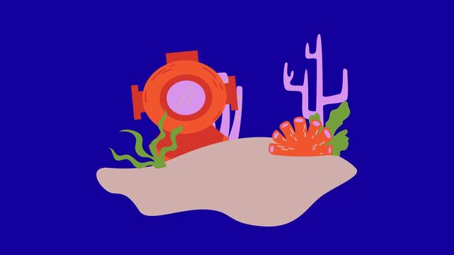 Diving helmet and colorful coral animation 
