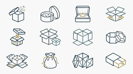Vector line icon collection of packaging containers including surprise boxes, jewelry cases, unfolded shipping cartons, drawstring pouches, matchboxes, and gift sets in blue and gold. © sur