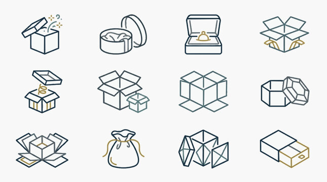 Vector line icon collection of packaging containers including surprise boxes, jewelry cases, unfolded shipping cartons, drawstring pouches, matchboxes, and gift sets in blue and gold.