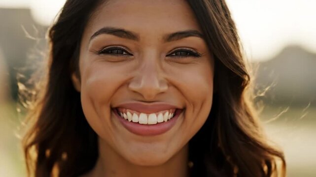 Close Up of Young Woman Smiling Outdoors. 4K Video