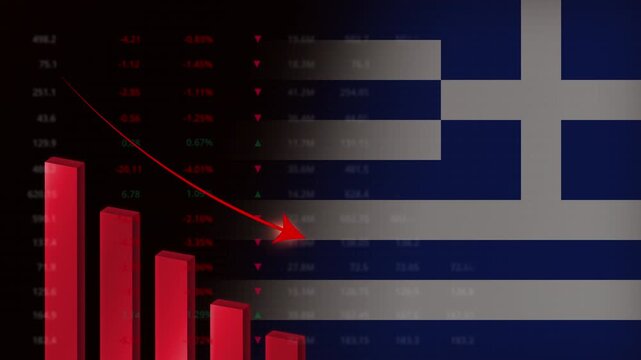 Economic crisis in Greece concept background.Red falling graph animation with Greek flag.Stock market crash