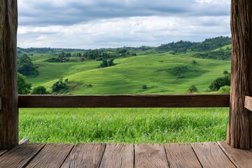 Obraz premium View of lush green terraced hills from rustic