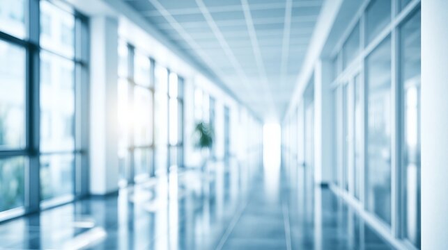 blurred modern office hallway with blue lighting