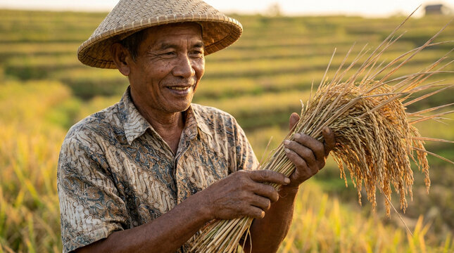 The rice farmer smiles happily at the good rice harvest.