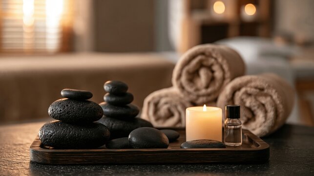 Spa tray with hot stones, candle and towels