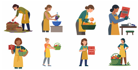 Fototapeta premium Diverse women workers harvesting and inspecting fruit quality flat vector illustration set