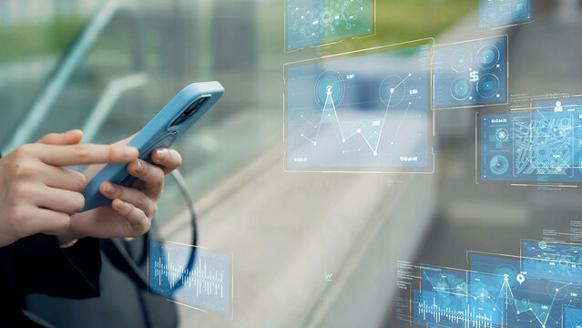 A woman using a smartphone in the city and digital technology