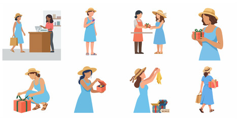 Fototapeta premium Flat vector illustration set of a young woman shopping, receiving rewards, unboxing gifts, and using a mobile app for loyalty programs in a retail setting