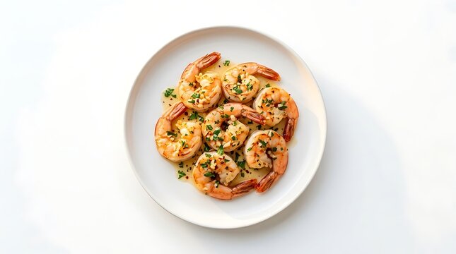 Delicious Garlic Butter Shrimp Saut?ed with Herbs Served on a White Plate Top View