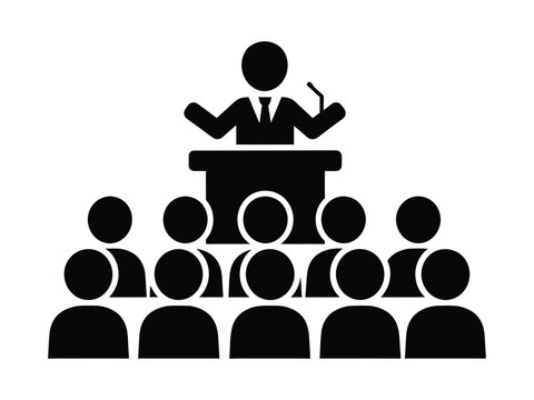 Public speaking business icon, professional speaker at podium with audience, black silhouette vector for presentation