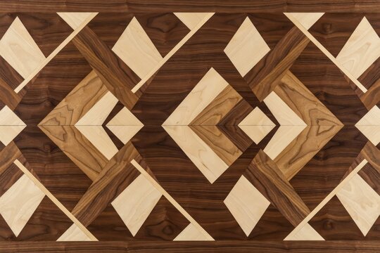 Geometric wooden parquet floor pattern with intricate light and dark wood inlay design