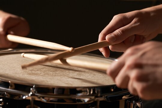 Close-up hands drumming on snare with sticks