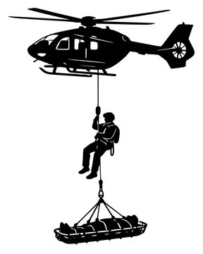 Black silhouette of helicopter rescue scene, bold vector design symbolizing emergency response, teamwork, and lifesaving action.
