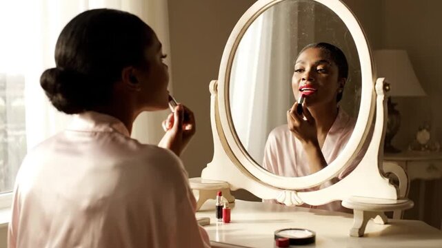 Black Woman Applying Lipstick at Vanity Mirror. 4K Video