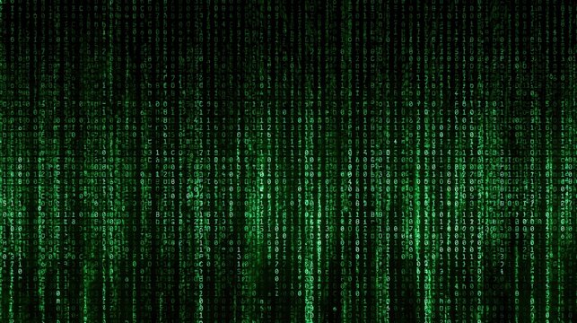 Green digital matrix code pattern falling vertically