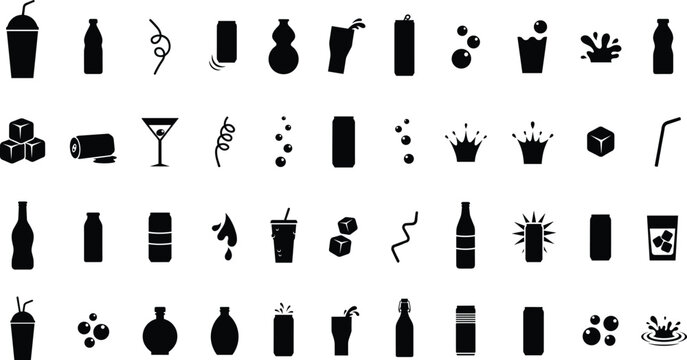 Graphic icon set displaying fizzy drinks bubbles splashes straws cans and various drinking glasses