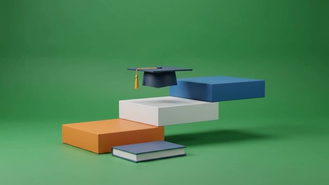 Graduation cap landing on a blue platform