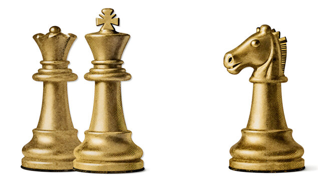 Golden Chess Pieces: A regal king, queen, and knight, crafted from polished gold, stand ready on a symbolic chessboard, representing strategy, intellect, and the timeless game of chess.