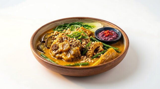 Delicious Filipino Kare-Kare Oxtail Stew with Peanut Sauce Vegetables and Bagoong Shrimp Paste Served in a Earthenware Bowl