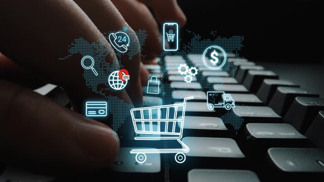 Modern online shopping concept with digital icons over keyboard, representing e-commerce services, payment methods, and customer support technologies. Entropy.