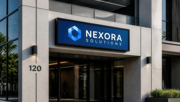 Modern Office Building Entrance: The sleek, contemporary facade of a commercial building features a prominent illuminated sign displaying the company name and logo.