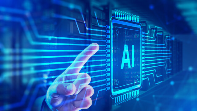 Artificial intelligence. Data center. Digital interface displays AI processor connected to server infrastructure, representing machine learning, cloud computing and advanced data processing.