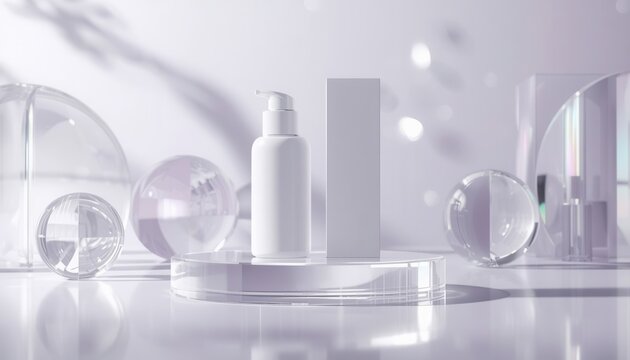 Elegant Skincare Presentation: A minimalist arrangement showcasing a white pump bottle and a matching box on a clear acrylic podium, surrounded by decorative glass spheres and soft shadows.