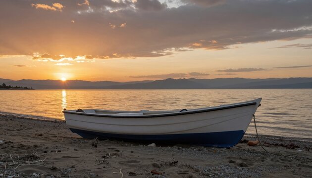 Lone boat at sand beach at sunset. Lake Sevan, Armenia