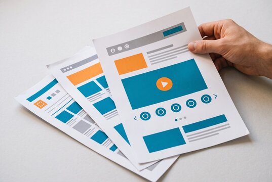 Hand Holding Website Wireframe Printouts for UX Design Concept