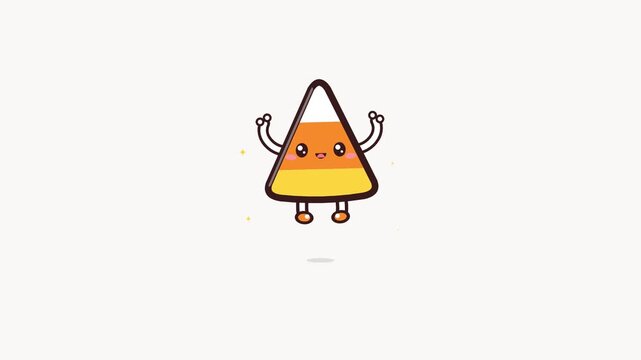 Cute candy corn cartoon character jumping happily on white background. Halloween animation illustration.