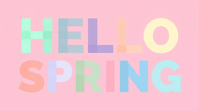 Hello Spring text in pastel mosaic letters on a pink background