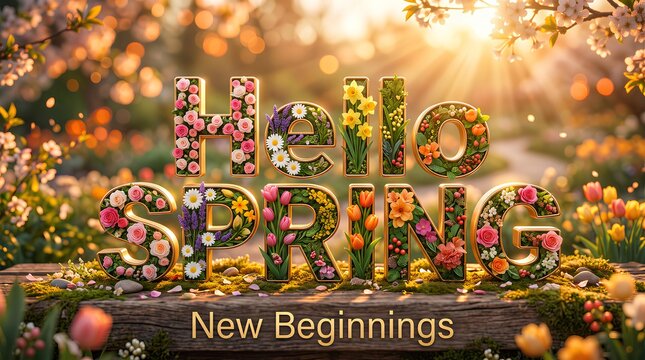 Hello Spring text made of flowers on wooden surface in sunny garden
