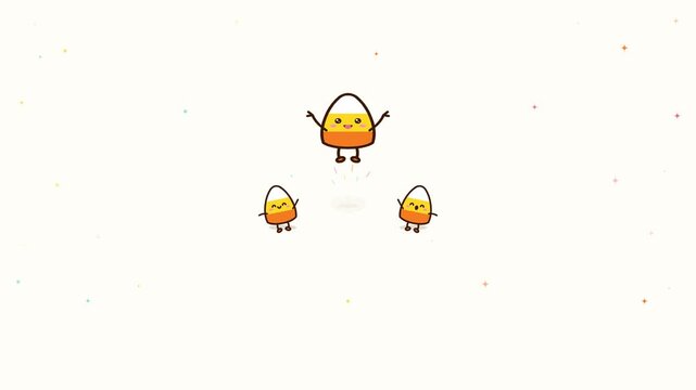 Cute cartoon candy corn characters jumping vector animation on light background, Halloween concept.