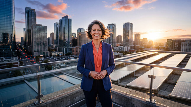 Female executive on terrace with city solar panels