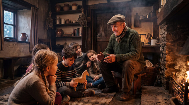 Elderly Storyteller Sharing Village Legends with Children