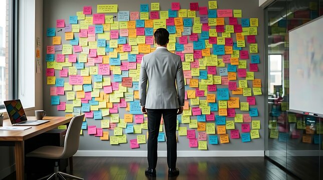 Businessman standing in front of sticky notes wall photo, brainstorming concept