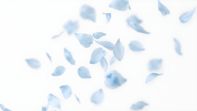 하얀 하늘 공중으로 가볍게 흩날리며 떨어지는 푸른빛 꽃잎들
Blue flower petals fluttering and falling lightly into the white sky air