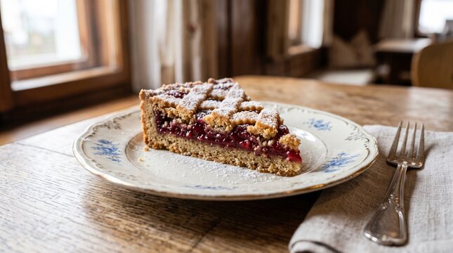 Slice of traditional Linzer torte with raspberry filling and lattice pastry topping served on a vintage porcelain plate.