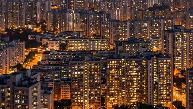 고층 아파트와 주거 건물 창문들마다 불이 켜져 있는 도시 야경 전경
Urban night view panorama with lights turned on in windows of high-rise apartments and residential buildings