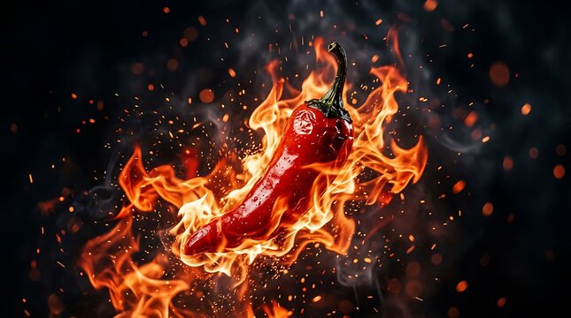 Red chili pepper burning in fierce flames and glowing fire sparks on a dark background