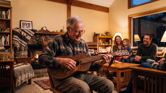 Elderly man performing folk music at home