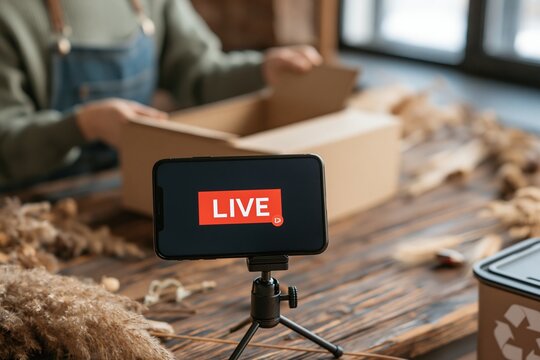 Smartphone broadcasting live video while person packs box