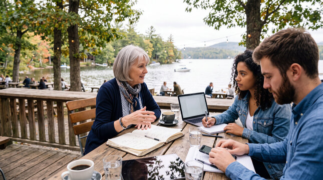 Senior business mentor coaching a team outdoors