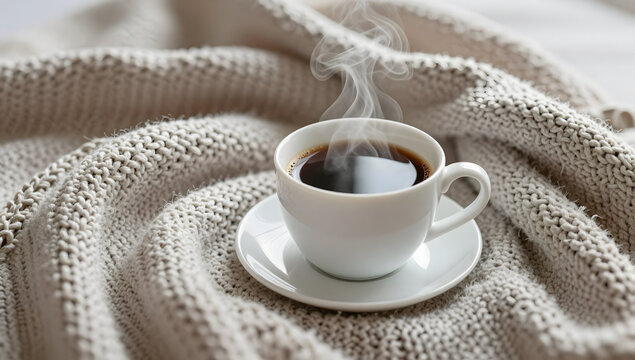 Steaming Coffee Comfort: A cozy white cup of hot black coffee sits on a saucer, emanating steam, nestled within the warm embrace of a knitted blanket.