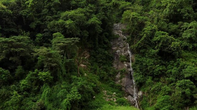 A rain-fed waterfall cascades over exposed rocks through dense green forest during the monsoon season in Himachal Pradesh, India.
