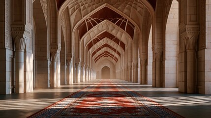Obraz premium Sunlit mosque corridor with red carpet and arched
